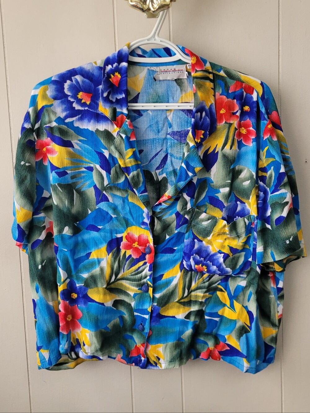 Tropical Floral Button-Up Shirt in Blue & Yellow Vintage